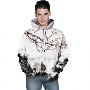 Sweat-shirt à capuche imprimé paysage brumeux avec branche fleurie artistique pour un usage décontracté - Product Image 2