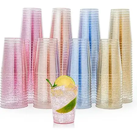 Wholesale 9oz 10oz Gold Glitter Wedding Cocktail Luxury PS Disposable Custom Plastic Party Cups