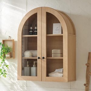 Armoire murale arquée pour <span class=keywords><strong>salle</strong></span> <span class=keywords><strong>de</strong></span> <span class=keywords><strong>bain</strong></span>, <span class=keywords><strong>meuble</strong></span> <span class=keywords><strong>de</strong></span> <span class=keywords><strong>rangement</strong></span> WC en MDF, fixation murale, portes vitrées, étagères réglables, design rustique, écologique - Product Image 1