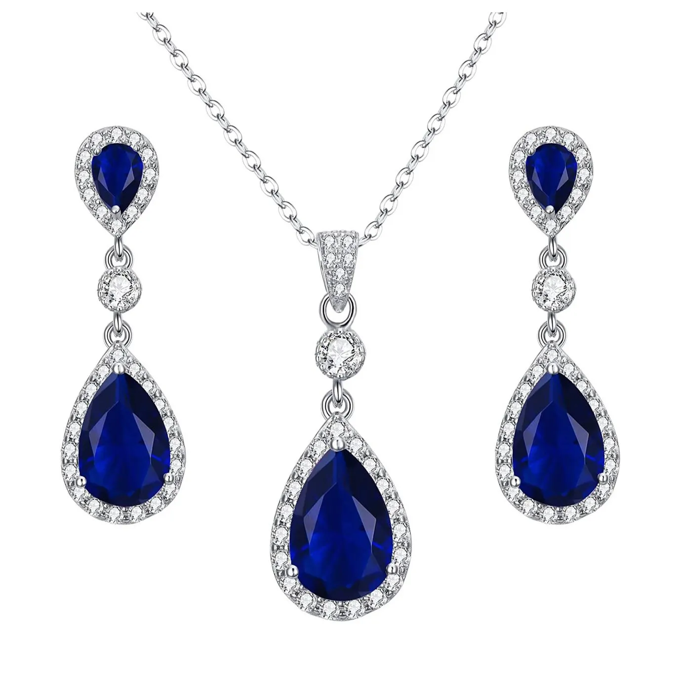 White Gold Plated Blue Sapphire Diamond Long Dangle Bridal Jewelry Set Infinity Teardrop Blue Pendant Necklace Earrings Set