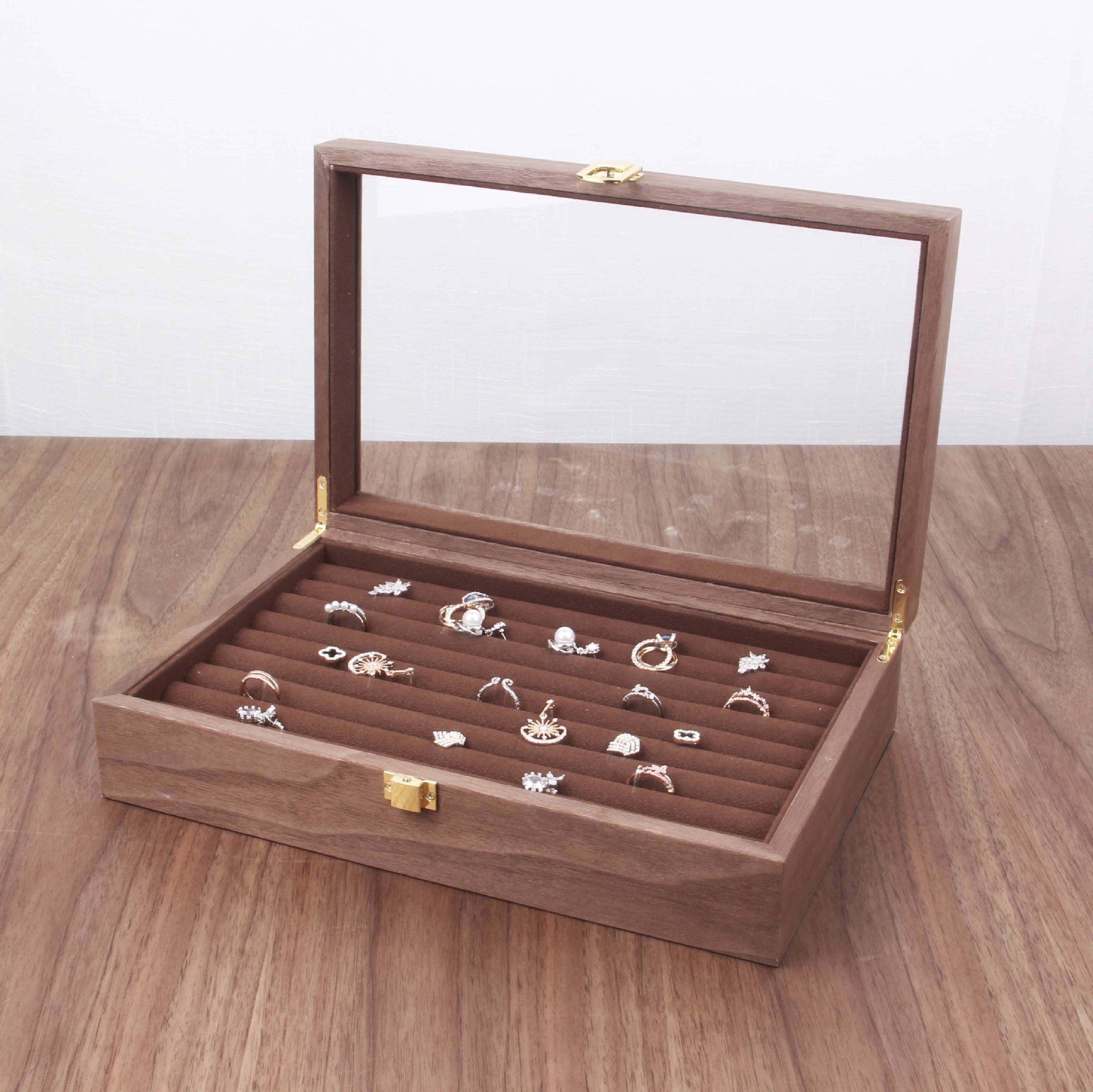 Boîte de rangement pour bagues en noyer 1+0