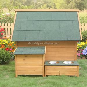 SDD0405 Large Solid Wood <strong>Dog</strong> Kennel With Waterproof Asphalt Roof Print Pattern Feeder &amp; Pet Furniture For Indoor/Outdoor Use - Product Image 2