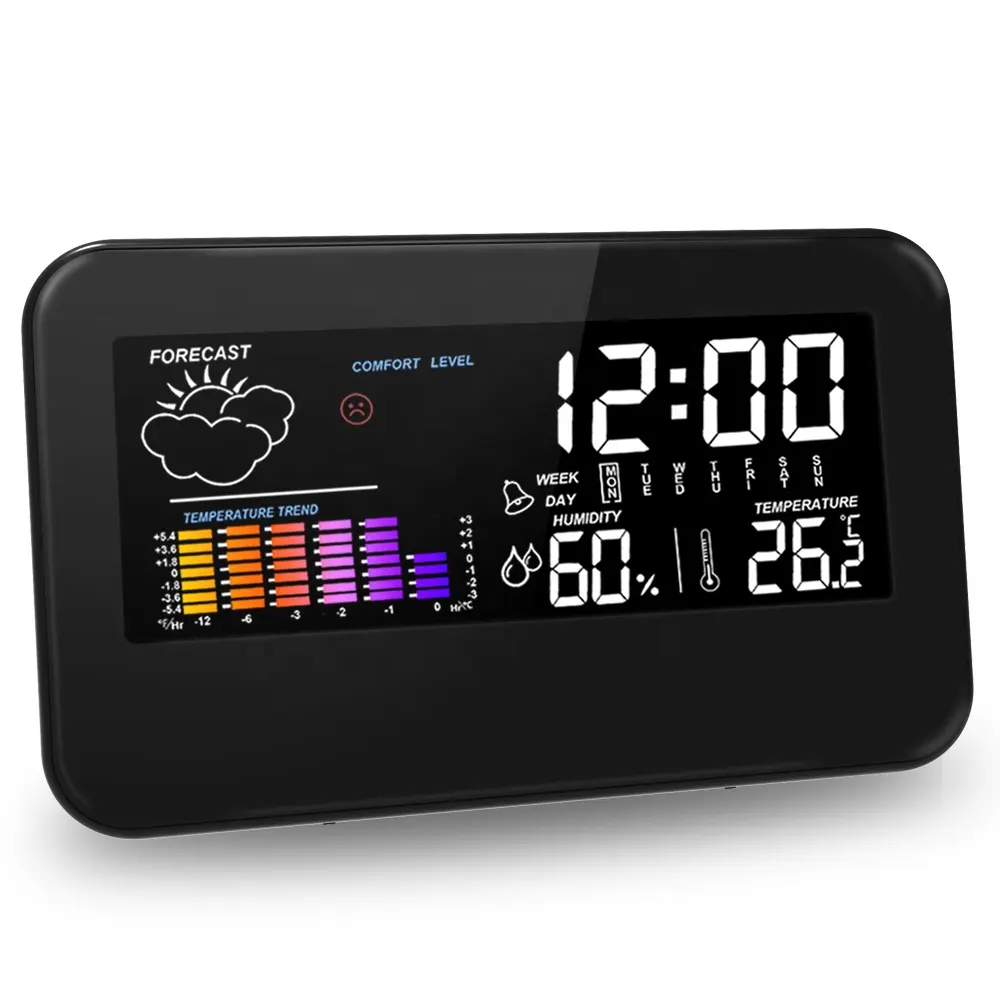 Desk Alarm Clock for Bedrooms with Indoor Temperature Display, Digital Alarms Multi-Colored Backlit Clock with Weather Forecast