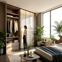 Armoire en bois composite de couleur neutre personnalisable, placard de chambre à coucher, système de rangement avec tiroirs multi-compartiments