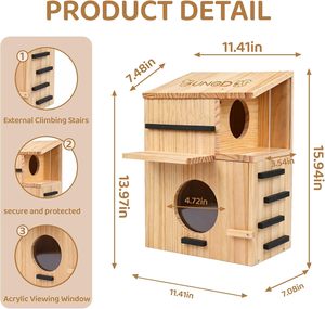 Wetterbeständiges Großes Eichhörnchenhaus aus Kiefernholz mit Fenster, Doppelbalkon, Kletterleiter und Nistkasten für Gartenbäume - Product Image 2