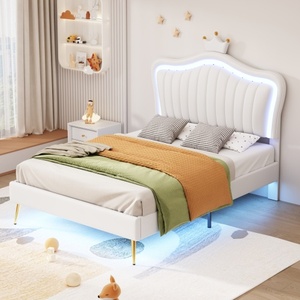Twin Size Upholstered <b>Bed</b> Frame with <b>LED</b> Lights, Modern Upholstered Princess <b>Bed</b> With Crown Headboard - Product Image 1