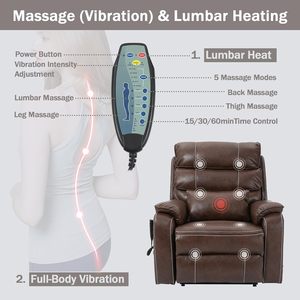 Sillón Reclinable Eléctrico Moderno para Adultos Mayores, Reclinación Total, Cuero, Masaje, Calefacción, Reposapiés Extendido, Control Remoto Inalámbrico - Product Image 3