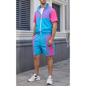 Yisfri Men's Vintage Track Suit 80s 90s Style Quick Dry <b>Workout</b> Set Short Sleeve <b>Jacket</b> And Shorts Disco Outfit - Product Image 5