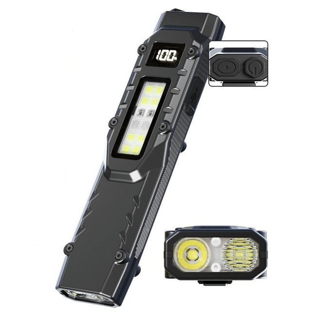 1100LM High Power EDC Light Dual LED Rechargeable Flashlight with OLED Display Stainless Steel Shell Pocket Torch for Camping