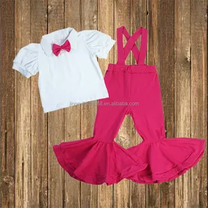 새로운 여름 봄 키즈 여자 벨 하단 3pcs 의류 세트 코튼 어린이 아기 나비 넥타이 + 퍼프 슬리브 셔츠와 멜빵 바지