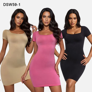 Body de contrôle du ventre une pièce slim et ajusté en tricot côtelé moulante de base mini <span class=keywords><strong>robe</strong></span> moulante de forme crayon pour femmes - Product Image 2