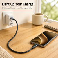 Câble USB PD 60W tressé avec design lumineux respirant en alliage d'aluminium, compatible avec ordinateur portable, moniteur, téléphone portable