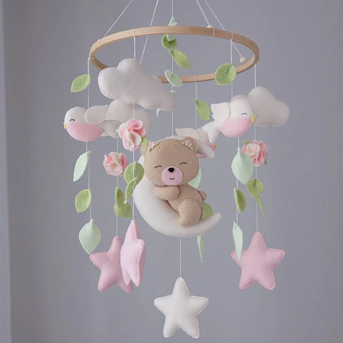 new trend baby shower gift woodland boho girl beer pink flower ceiling hanging beech hoop felt toys baby crib mobile