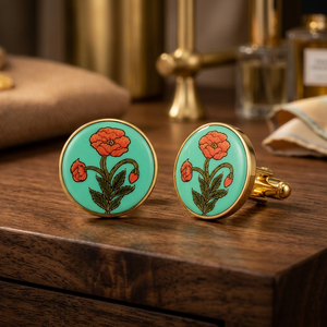 Mancuernillas de Latón Esmaltado Hechas a Mano con Diseño de Flor de Amapola Roja, Base Turquesa, Acabado en Tono Dorado, Regalo Formal para Bodas, Fiestas y Aniversarios - Product Image 6