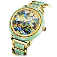 Montre automatique mécanique de luxe pour couple, mouvement Miyota, cadran résistant à l'eau, en acier inoxydable, avec motif de peinture de paysage chinois et jade.