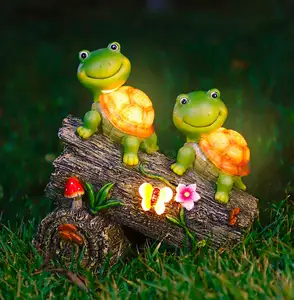 Patung Penyu Taman Solar Powered Sweet Frog Face Turtles Patung Resin dengan 4 Lampu LED