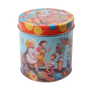 Blue cookie tin box round Cheap german Christmas cookie tin box with hinge lid wholesale empty cookie tin box manufacturer OEM