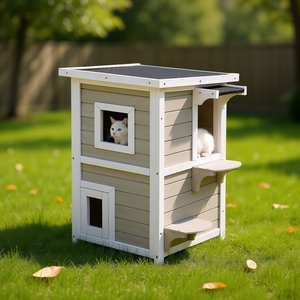 Casa de Madera para Gatos de 2 Pisos, Muebles Modernos para Mascotas, Color Gris, Resistente a la Lluvia, para Gatos de Interior - Product Image 3