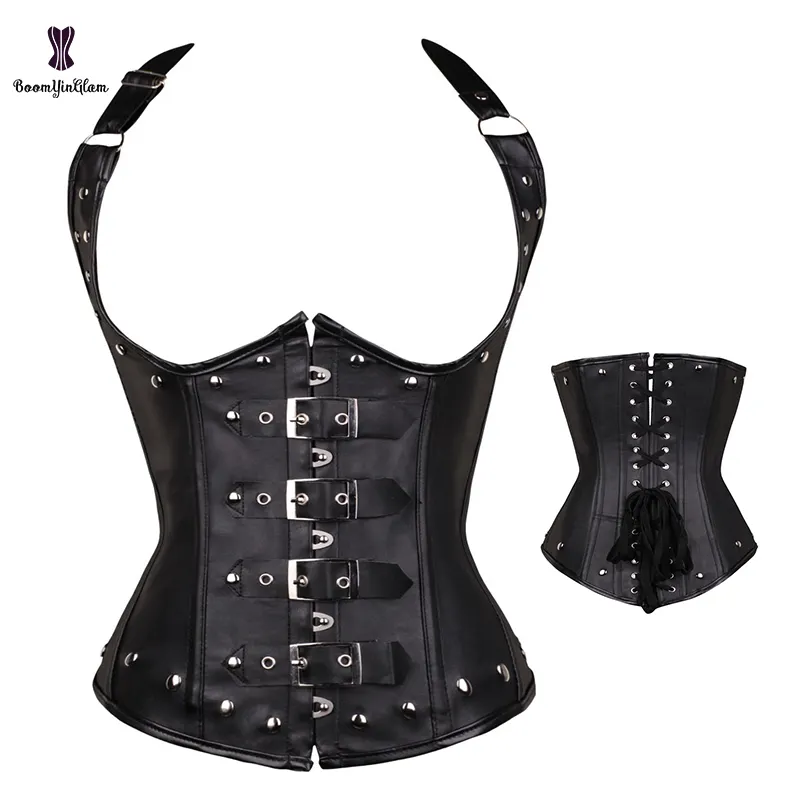 Corpiño sin copa para mujer, ropa de fiesta para chica, Steampunk, XXXL, corsé de cuero Sexy con cuello Halter