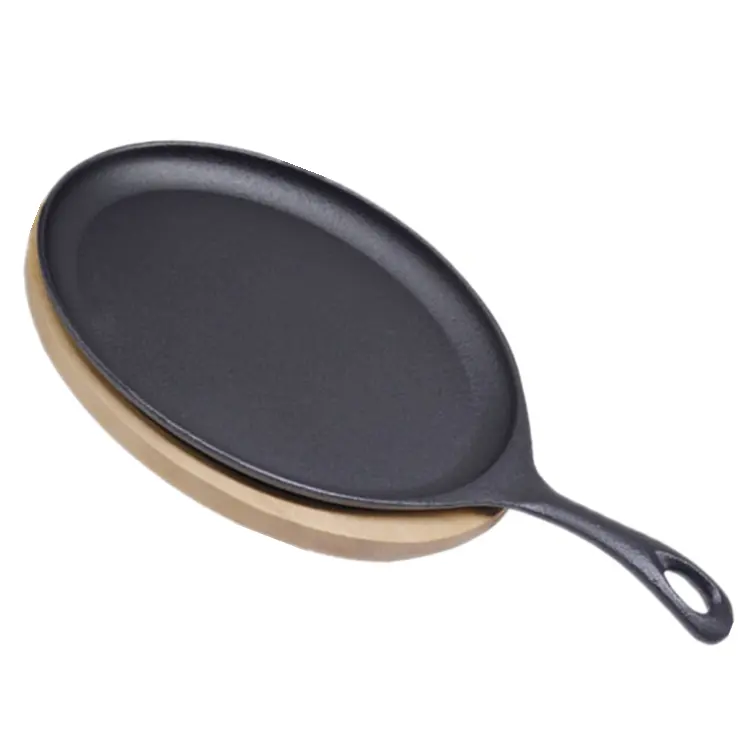 Cooking supplies shallow pre-seasoned cast iron fajita nonstick frying pan with wooden tray