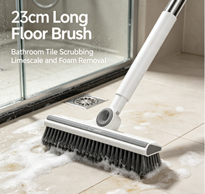 23cm <b>Extended</b> Floor Cleaning <b>Brush</b> Long Handle Bristle Scrub <b>Brush</b> with Squeegee for Tile Bathroom Kitchen - Product Image 3