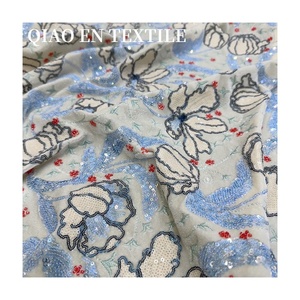 Nouveau tissu brodé de sequins floraux chinois, <span class=keywords><strong>tulle</strong></span> <span class=keywords><strong>bleu</strong></span> clair à fleurs pour robe Hanfu - Product Image 5