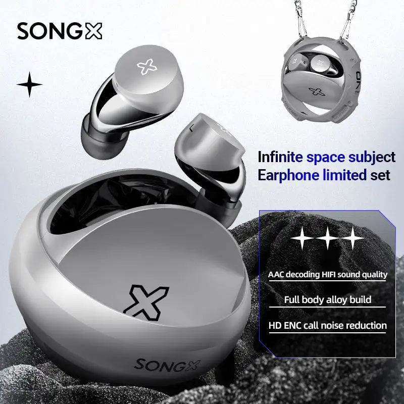 SONGX Space Silver TWS Wireless Earbuds Earphone 5.2 ENC Noise Cancelling Metal design A Necklace Tide brand Sport headphones