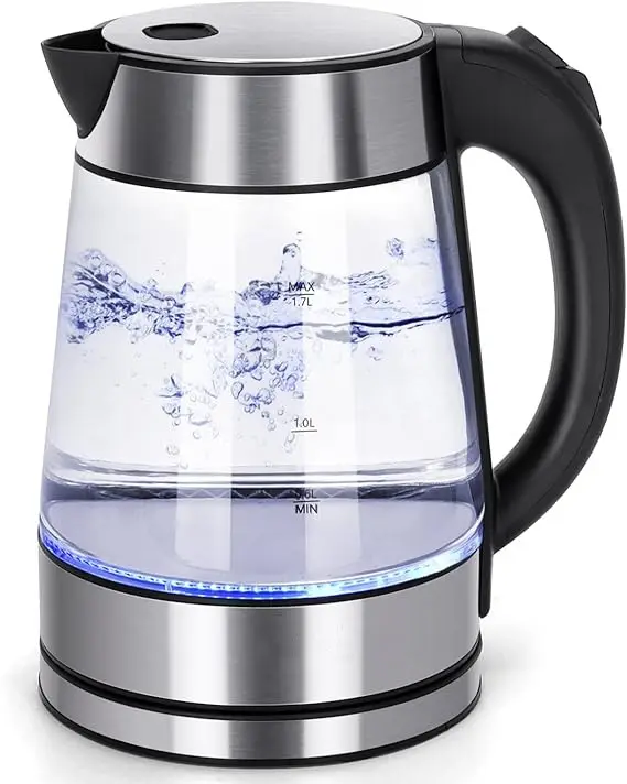 Стеклянный чайник с горячей водой Электрический для чая и кофе 1,7 литр Быстрый кипящий Электрический чайник беспроводной водяной бойлер