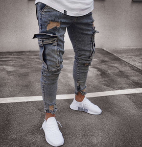 Pantalon <span class=keywords><strong>cargo</strong></span> 2020 Mode Fermeture éclair en bas Grande poche Pantalon déchiré Coupe ajustée Extensible Déchiré Jeans pour hommes - Product Image 3
