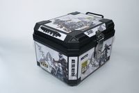 Boîte de rangement rigide en PP de 45 L avec loquet métallique et graphisme de route de moto
