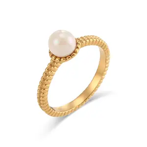 European Elegant 18K Gold Filled Stainless Steel Pearl Finger Rings for Girls Titanium Steel Baroque Pearl Rings