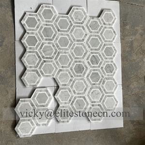Mosaïque hexagonale en marbre blanc, mosaïque en pierre et acier inoxydable pour murs et sols de salle de bain - Product Image 6