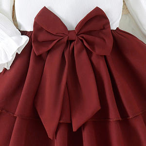 I bambini bianchi dell'autunno 2024 indossano la gonna a fiocco da principessa bordeaux alla moda con collo floreale con cappello abbigliamento Boutique per ragazze - Product Image 6