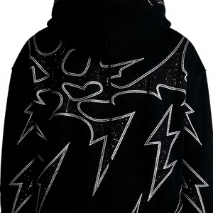 Sudadera con capucha negra para hombre con cremallera, estampado de rayo brillante, estilo urbano, corte regular, felpa francesa, 100% poliéster, con cremallera para otoño - Product Image 4