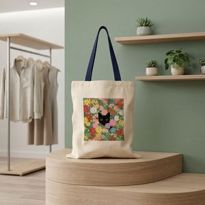 Bolsa de Lona con Estampado de Gato Negro y Diseño Floral para Mujer - Grande (>50cm) Diseño Bonito para la Escuela, el Trabajo, la Playa, Viajes y Compras - Product Image 2