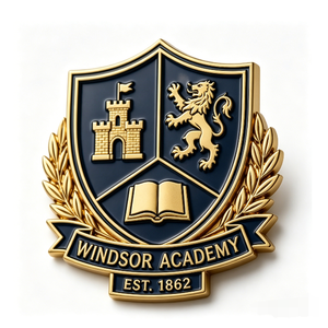 Windsor Academy <b>Badge</b> Gold Plated Zinc Alloy 3D Embossed Emblem Art Collectible Established 1862 - Product Image 2