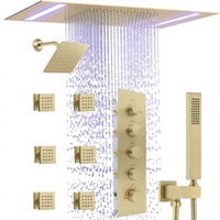 Système de douche thermostatique 4 fonctions en acier inoxydable brossé avec pommeau LED de plafond 14x20 pouces, pommeau mural 6 pouces et douchette à main