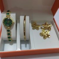 Montre élégante pour femme, style rétro, avec pierres précieuses rondes colorées, quartz arc-en-ciel, avec ensemble de bijoux en acier inoxydable
