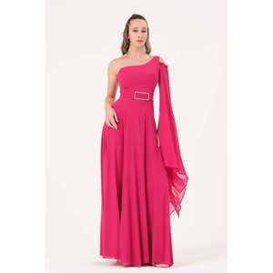 Robe de soirée élégante en mousseline à une épaule avec superposition transparente, coupe trapèze, taille empire, couleur Saks - Product Image 4