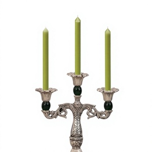 Antique 3 Arm Metal Candle Holder Decorative <b>Candelabra</b> with Green Glass Accents for Home Table Wedding Decor - Product Image 2