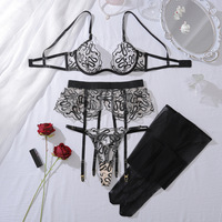 Set Pakaian Dalam Wanita 4 Potong Mewah dan Seksi dengan Bordir Ular, Stoking Transparan, Model Ketat 1587