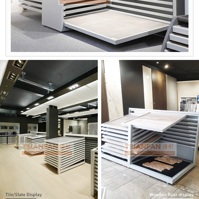 New design custom granite showroom design Inclined sliding slab Artificial marbles shelf stone tile display rack