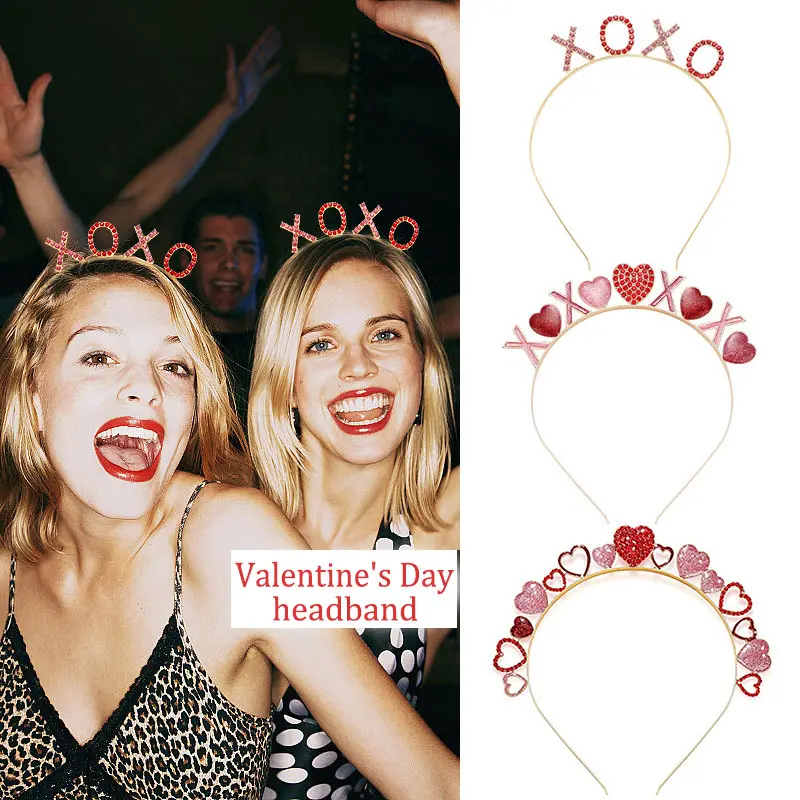 Mode Valentinstag Kopfband Mädchenparty XOXO Kristallrotes Herz Haarband Damen Hochzeitskleid Haarzubehör Feiertagsgeschenk