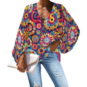 Custom Womens Ruffle 3/4 Sleeve Polyester Flowers Printed Chiffon Blouses Loose <strong>Flowy</strong> <strong>Tops</strong> Plus Size Women's Blouses and Shirts - Product Image 3