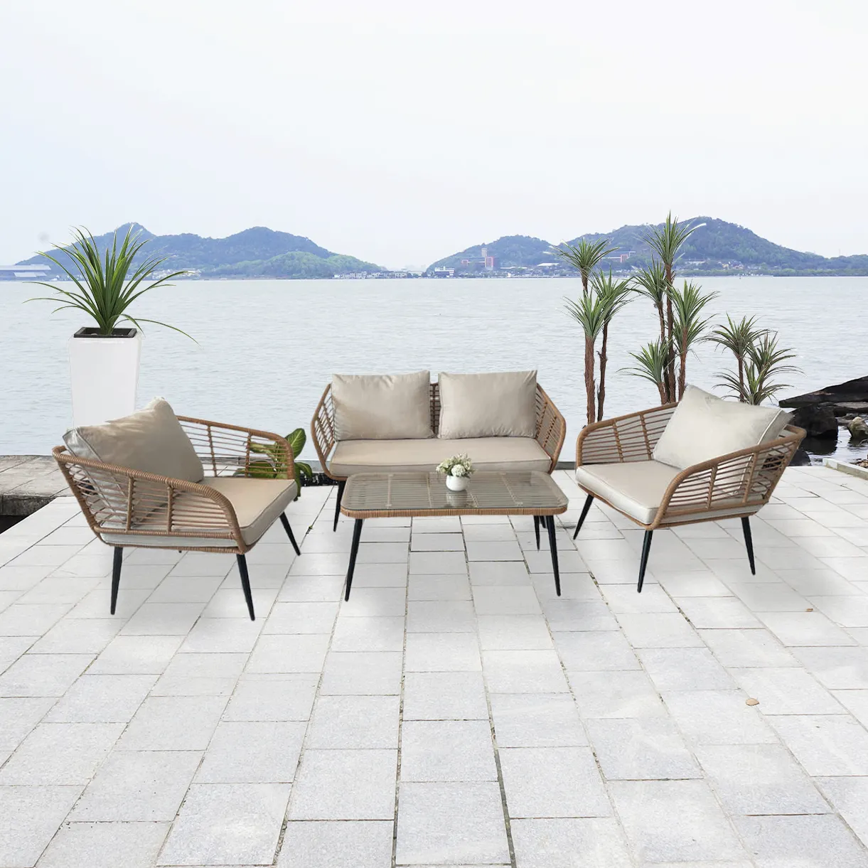Gartenmöbel 4 Stück Rattan Sofa Gesprächs set, PE Rattan Sofa garnitur mit Couch tisch, Terrassen möbel PE Wicker Stühle