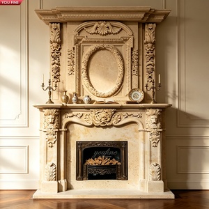 Caminetto in Marmo Beige YOUFINE con Colonne Corinzie e Statue di Aquile e Leoni per Villa di Lusso - Product Image 6