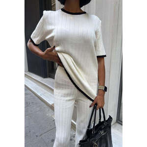 Ensemble deux pièces tricoté Dex : T-shirt et pantalon pour femme, décontracté, respirant, toutes saisons, ECRU - Product Image 5