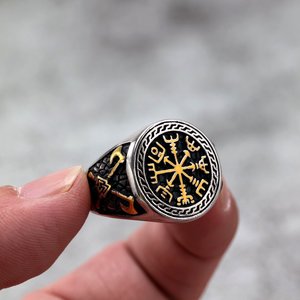 Nordic Vintage Stainless Steel Men's <b>Ring</b> With Viking Compass Design Round Geometric Hip Hop Style Jewelry Gift - Product Image 3