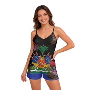 Monos de verano con estampado de la bandera de Haití, modernos y bonitos, para mujer, sin mangas, con tirantes finos y bolsillos, venta al por mayor - Product Image 1
