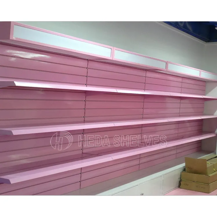 Étagère de supermarché multifonctionnelle rose, étagère de maquillage gondole utilisée sur le marché de luxe Trpe Double surface plaque arrière